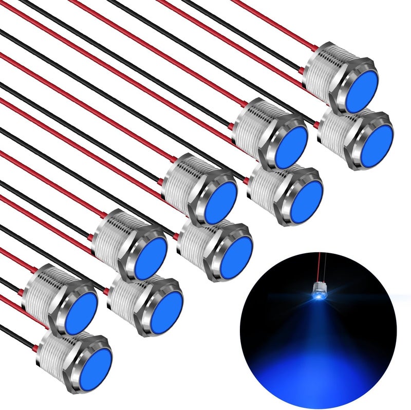 FICOLPO 10 قطع ضوء مؤشر معدني LED مقاوم للماء، 12-24 فولت، ثقب تركيب بقطر 0.63 بوصة، ضوء إشارة طيار موصل مسبقًا للسيارات والشاحنات والقوارب والبحرية والعدادات والكهرباء الصناعية (أزرق، 16 مم) - Image 1